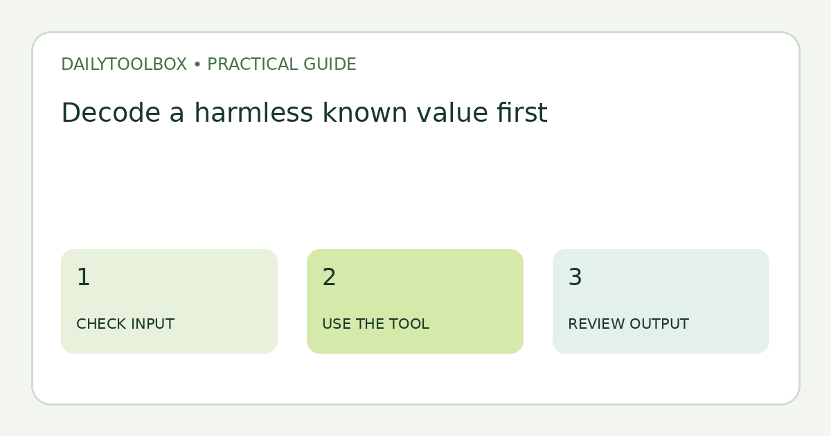 Decode a harmless known value first: check input, use the tool, then review output