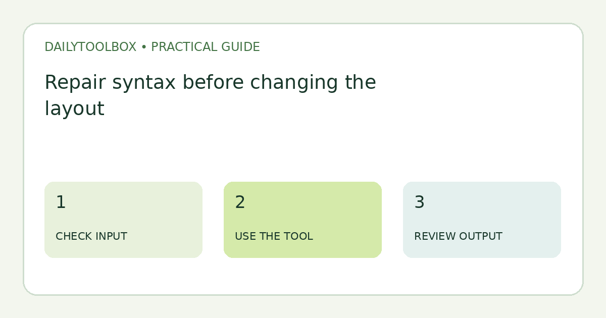 Repair syntax before changing the layout: check input, use the tool, then review output