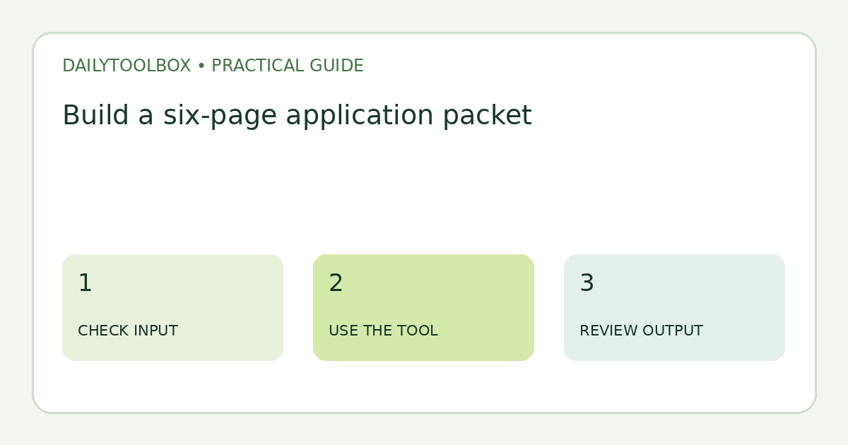 Build a six-page application packet: check input, use the tool, then review output